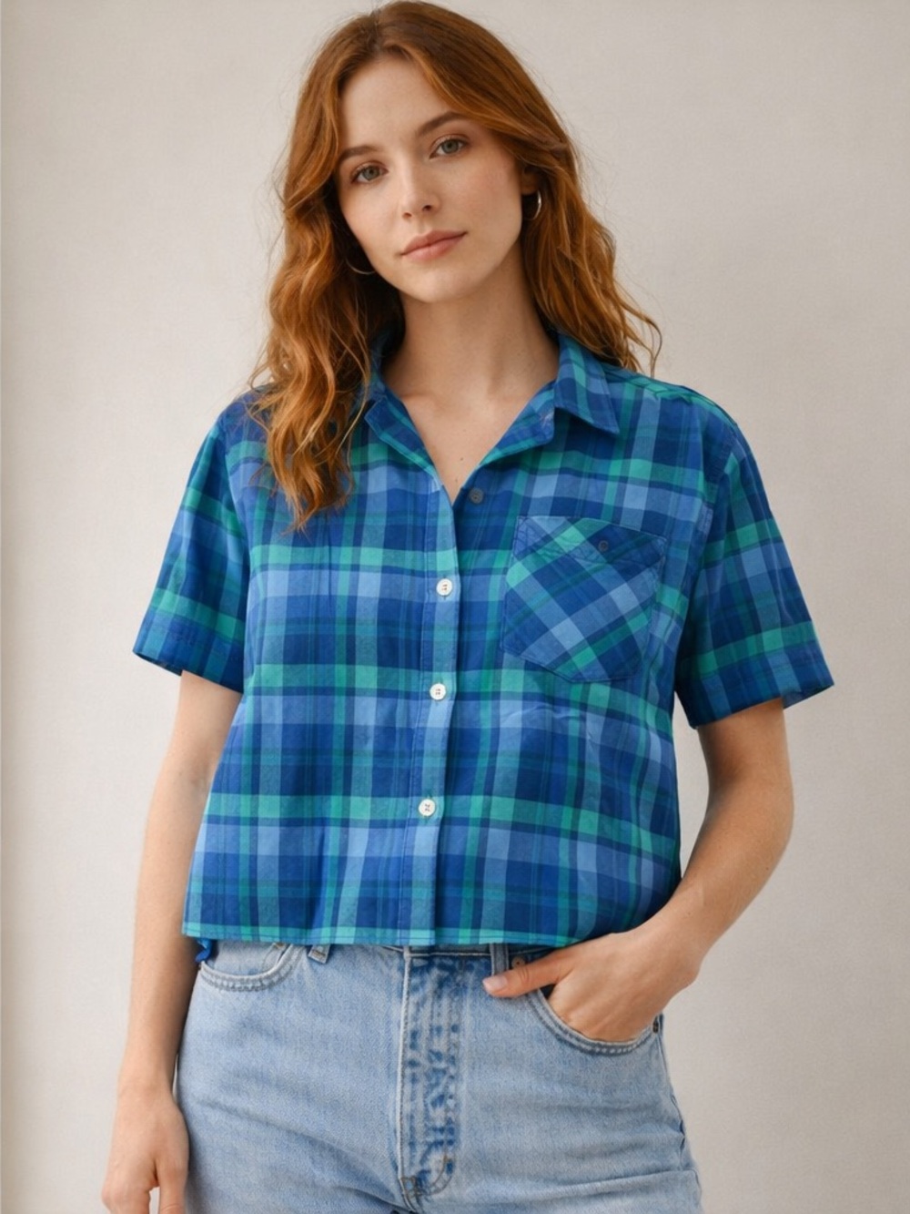 Blue Green Plaid Button Down | 90s Minimalist Boxy Short Sleeve · Erika & Co - Picture 3 of 11